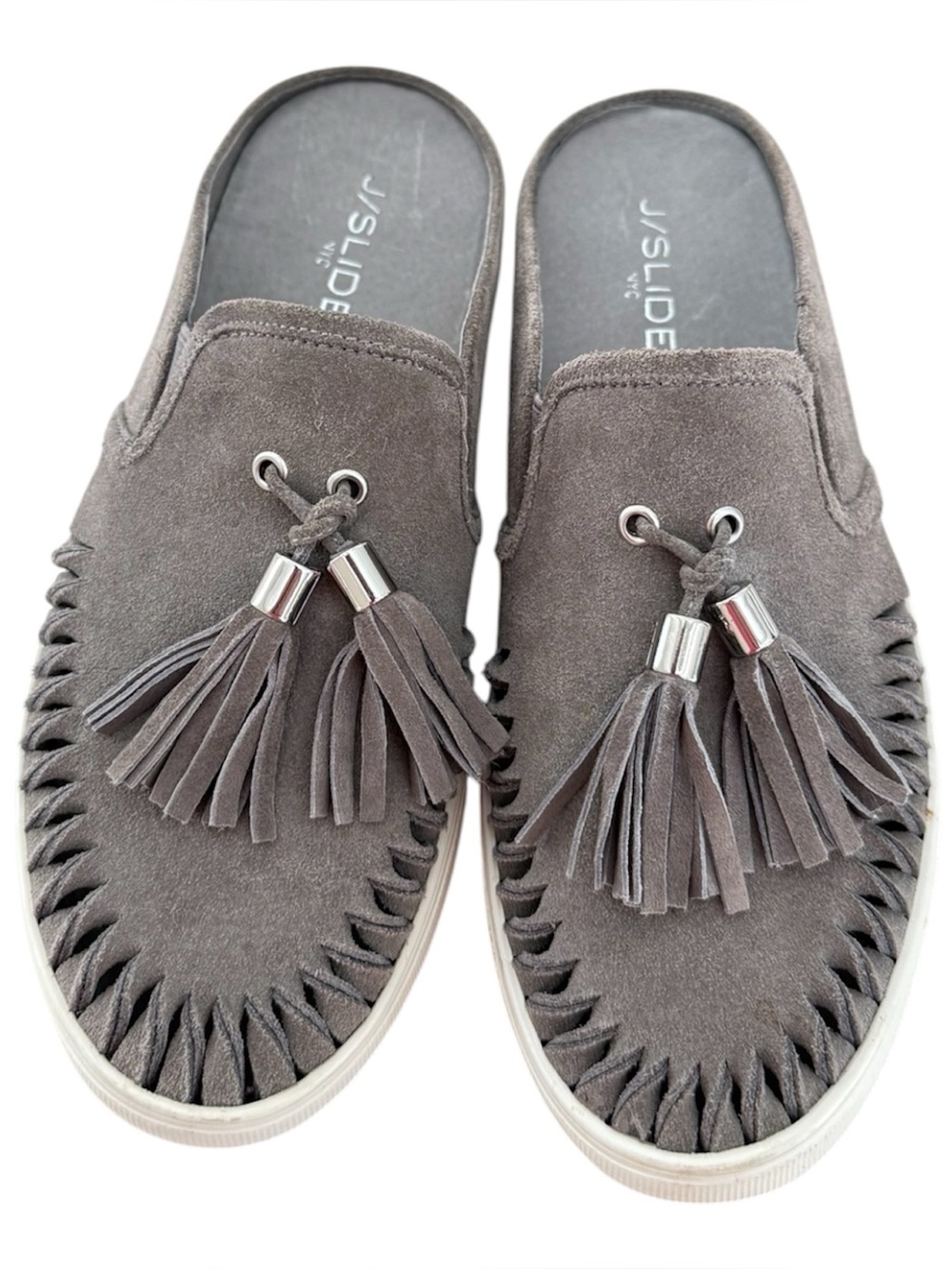 J/Slides NYC Andie Gray Suede Leather Slip On Sneaker Tassel Detail 6.5